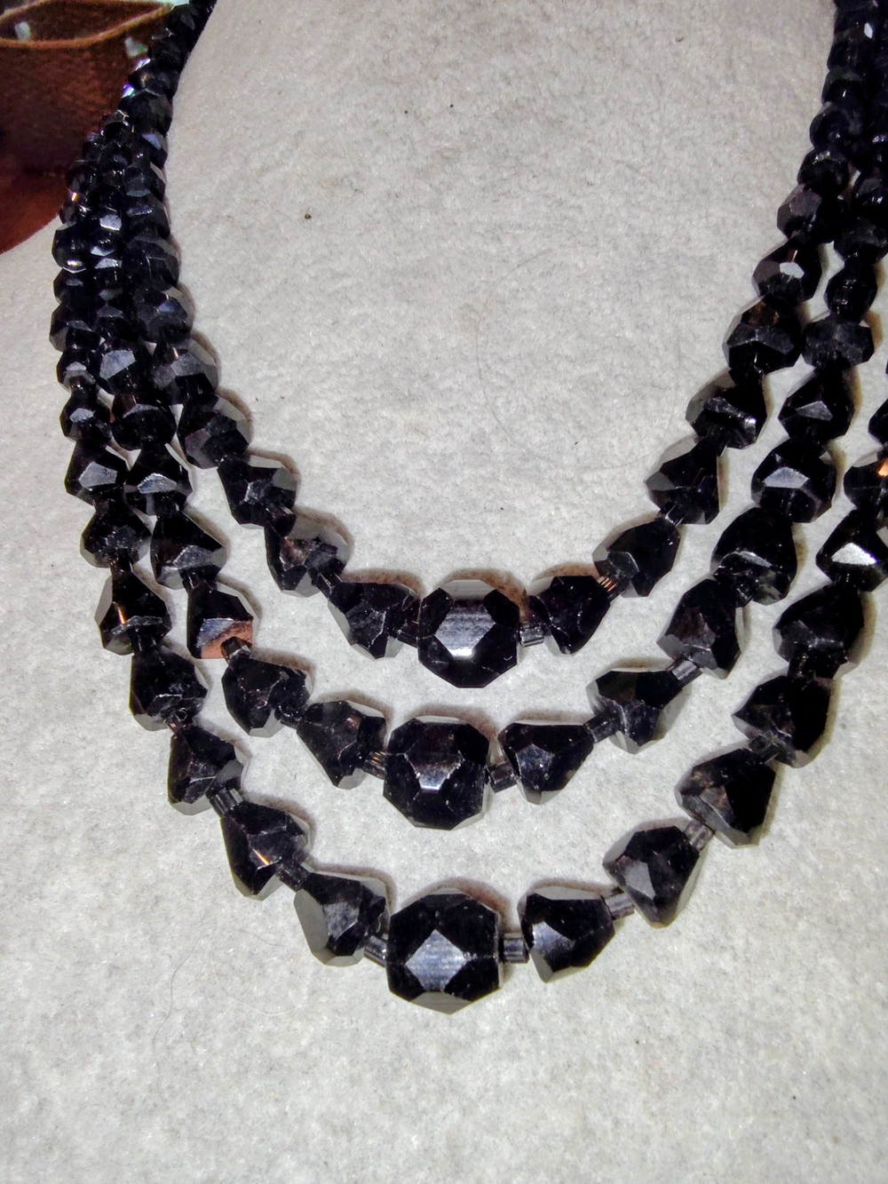 1950s Japan Three Strand Black Jet Glass Faceted Bead Choker Necklace